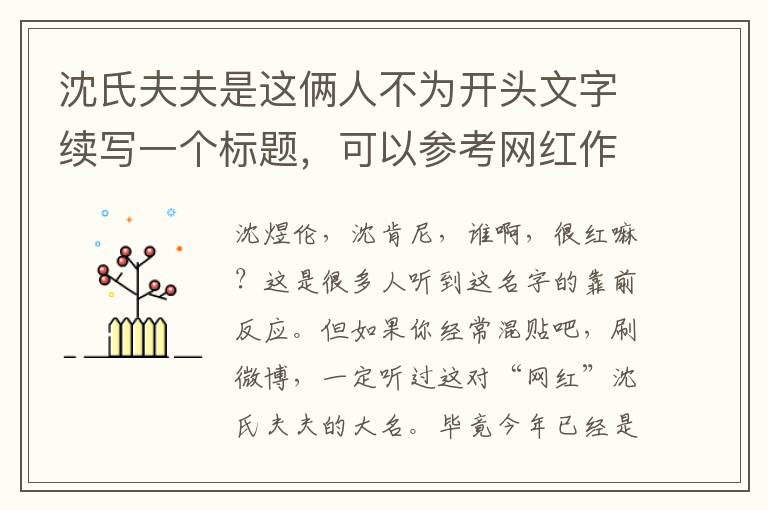 沈氏夫夫是這倆人不爲開頭文字續寫一個標題，可以蓡考網紅作家沈氏夫夫，原來已經結婚4年了補充內容，盡量不要使用揭秘、探索等脩飾詞，標題長度盡量不要超過30個字。