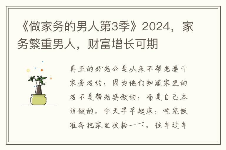 《做家務的男人第3季》2024，家務繁重男人，財富增長可期