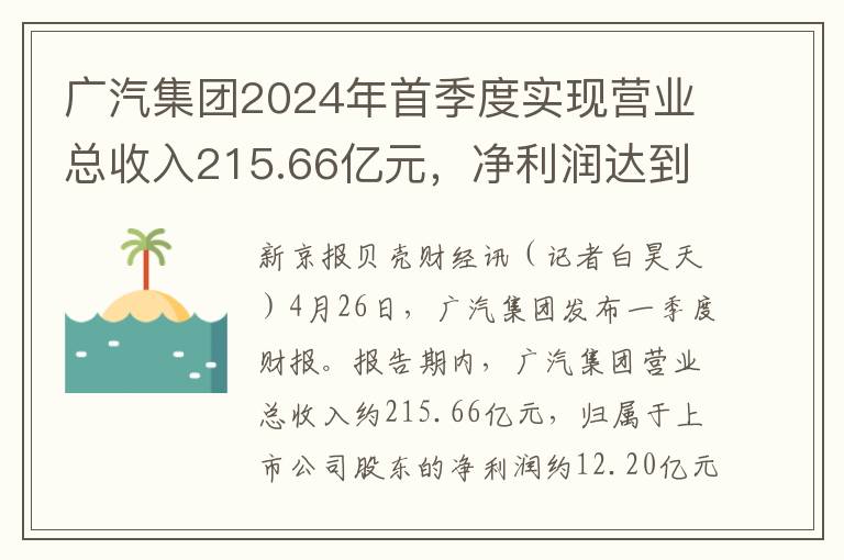 广汽集团2024年首季度实现营业总收入215.66亿元，净利润达到12.20亿元