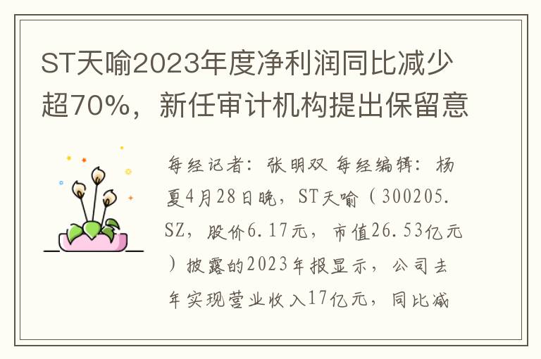 ST天喻2023年度净利润同比减少超70%，新任审计机构提出保留意见