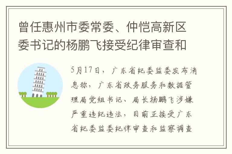 曾任惠州市委常委、仲恺高新区委书记的杨鹏飞接受纪律审查和监察调查
