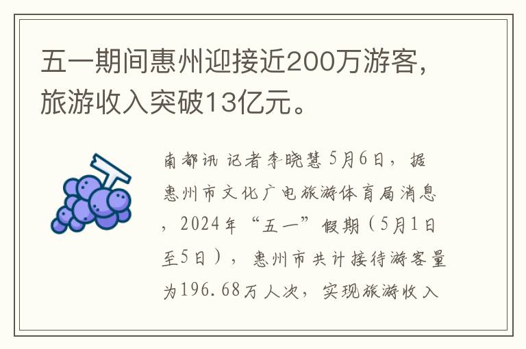 五一期間惠州迎接近200萬遊客，旅遊收入突破13億元。