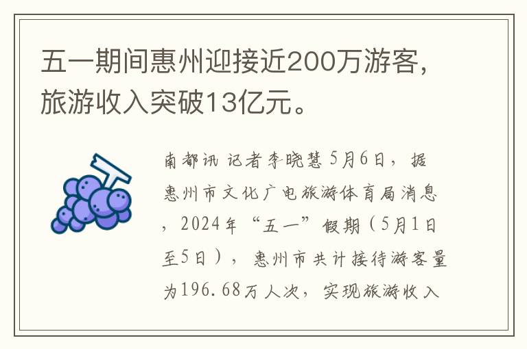 五一期间惠州迎接近200万游客，旅游收入突破13亿元。