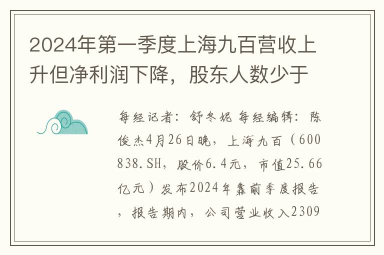 2024年第一季度上海九百營收上陞但淨利潤下降，股東人數少於行業均值