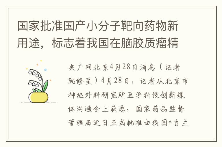 国家批准国产小分子靶向药物新用途，标志着我国在脑胶质瘤精准治疗领域取得重要进展