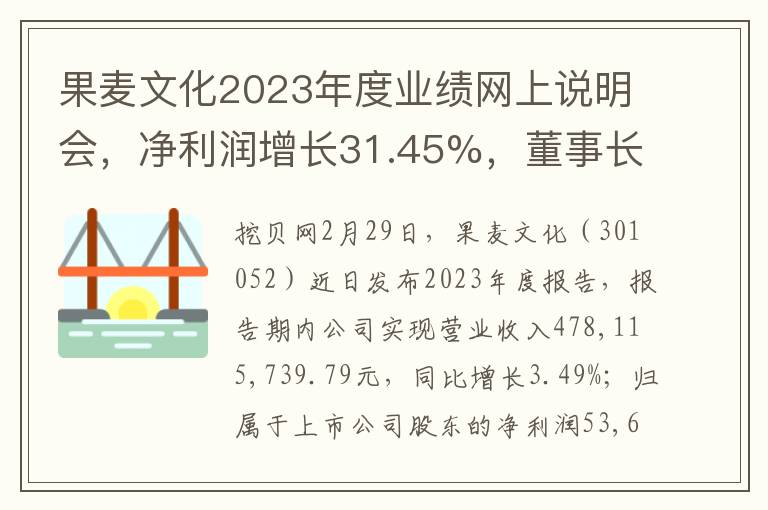 果麦文化2023年度业绩网上说明会，净利润增长31.45%，董事长薪酬89.93万