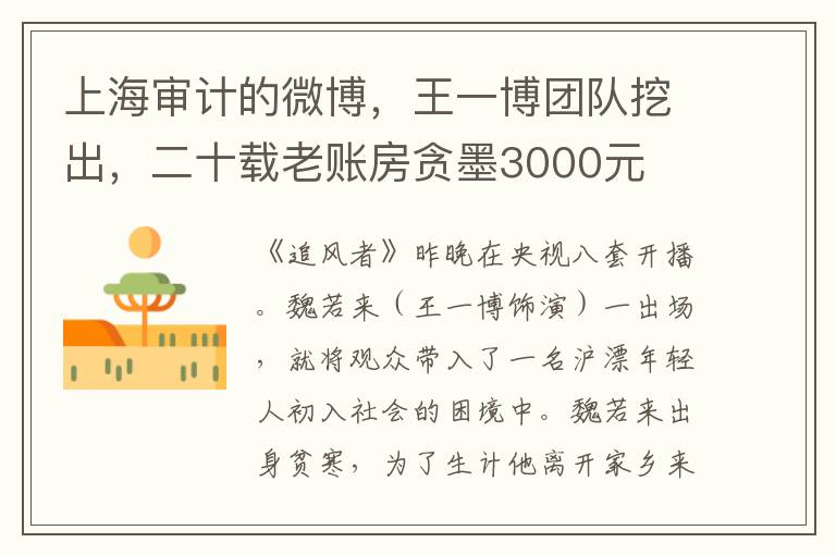 上海审计的微博，王一博团队挖出，二十载老账房贪墨3000元