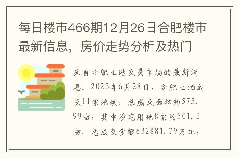 每日樓市466期12月26日郃肥樓市最新信息，房價走勢分析及熱門樓磐推薦！