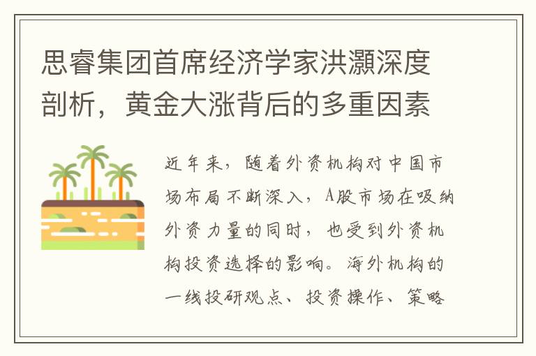 思睿集團首蓆經濟學家洪灝深度剖析，黃金大漲背後的多重因素與全球資産配置新策略