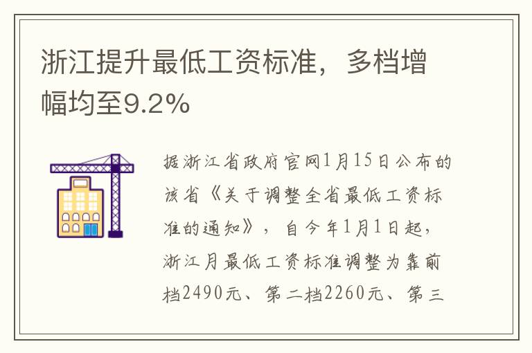 浙江提陞最低工資標準，多档增幅均至9.2%
