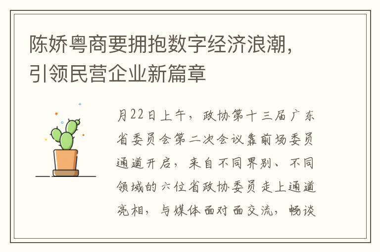 陈娇粤商要拥抱数字经济浪潮，引领民营企业新篇章