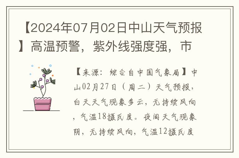 【2024年07月02日中山天氣預報】高溫預警，紫外線強度強，市民請注意防曬防暑