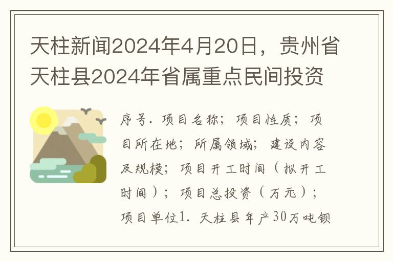 天柱新闻2024年4月20日，贵州省天柱县2024年省属重点民间投资项目（12项）进展顺利