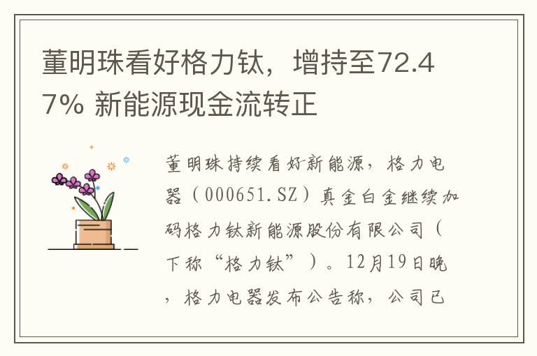 董明珠看好格力钛，增持至72.47% 新能源现金流转正