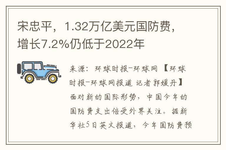 宋忠平，1.32万亿美元国防费，增长7.2%仍低于2022年