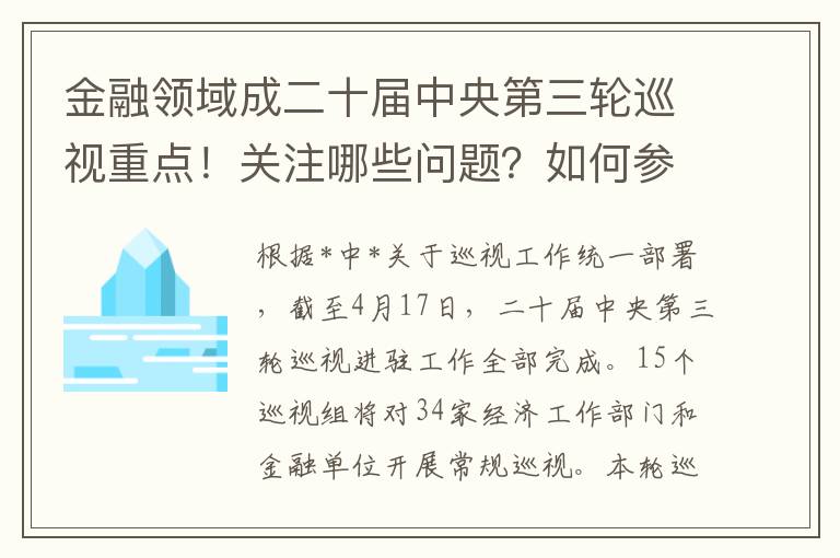 金融领域成二十届中央第三轮巡视重点！关注哪些问题？如何参与反映？