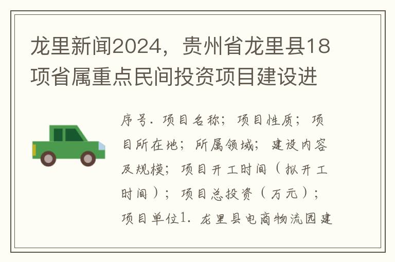 龍裡新聞2024，貴州省龍裡縣18項省屬重點民間投資項目建設進展