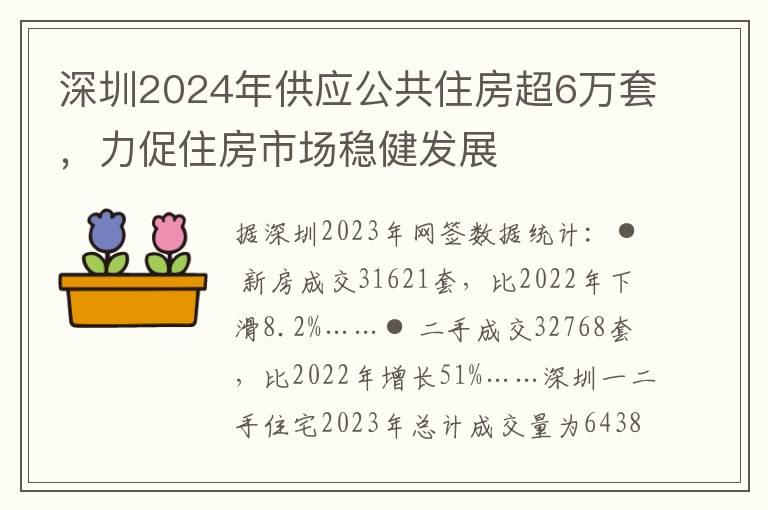 深圳2024年供应公共住房超6万套，力促住房市场稳健发展