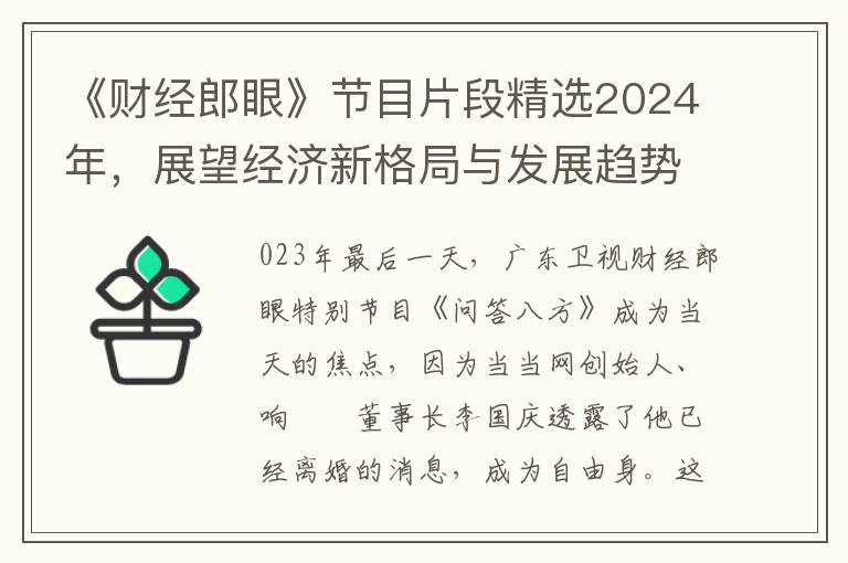 《财经郎眼》节目片段精选2024年，展望经济新格局与发展趋势