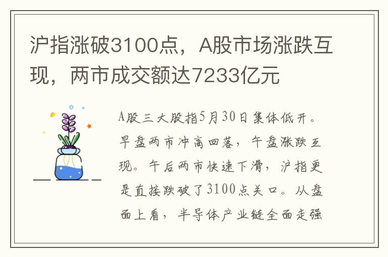 滬指漲破3100點，A股市場漲跌互現，兩市成交額達7233億元