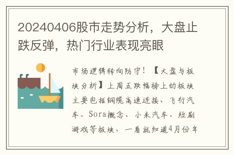 20240406股市走势分析，大盘止跌反弹，热门行业表现亮眼