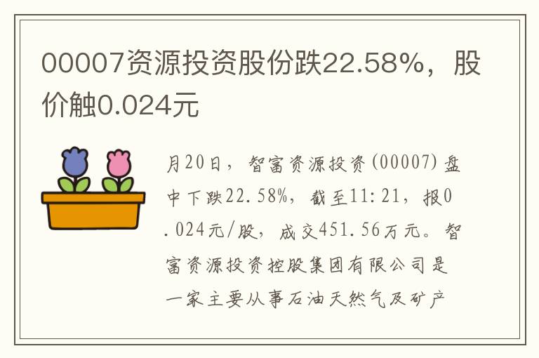 00007资源投资股份跌22.58%，股价触0.024元