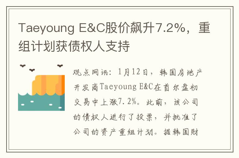 Taeyoung E&C股价飙升7.2%，重组计划获债权人支持