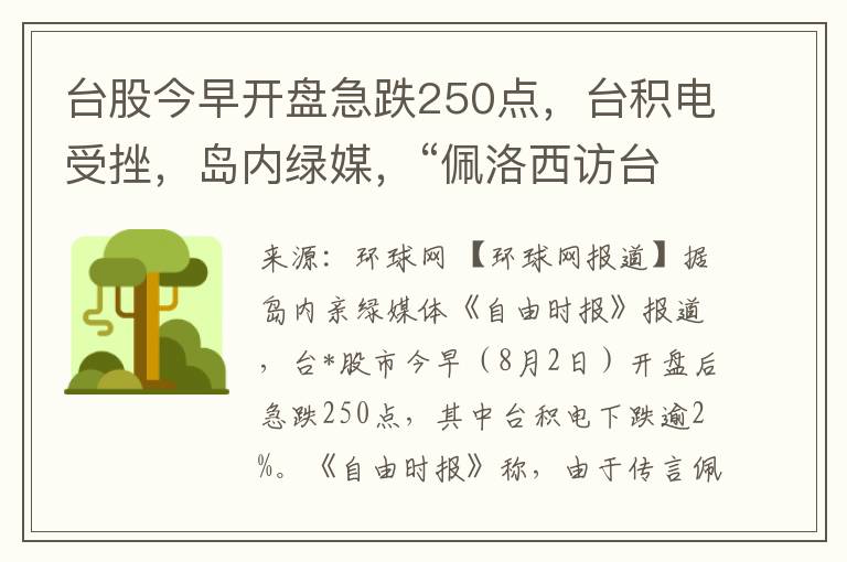 台股今早開磐急跌250點，台積電受挫，島內綠媒，“珮洛西訪台”傳言拉高緊張氣氛