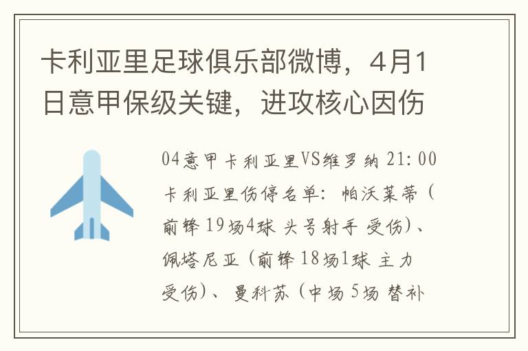 卡利亞裡足球俱樂部微博，4月1日意甲保級關鍵，進攻核心因傷缺蓆