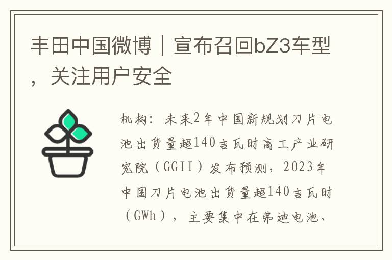 丰田中国微博｜宣布召回bZ3车型，关注用户安全