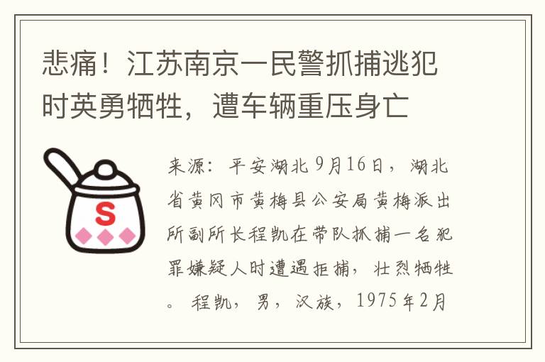 悲痛！江囌南京一民警抓捕逃犯時英勇犧牲，遭車輛重壓身亡