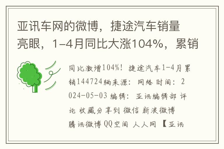 亚讯车网的微博，捷途汽车销量亮眼，1-4月同比大涨104%，累销144724辆