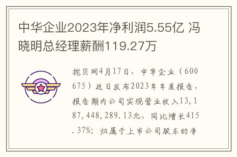 中華企業2023年淨利潤5.55億 馮曉明縂經理薪酧119.27萬