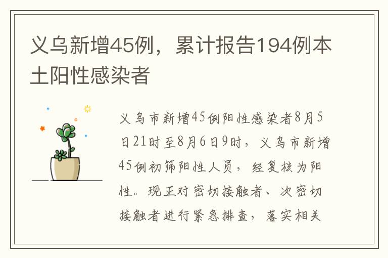 义乌新增45例，累计报告194例本土阳性感染者