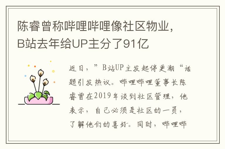 陈睿曾称哔哩哔哩像社区物业，B站去年给UP主分了91亿