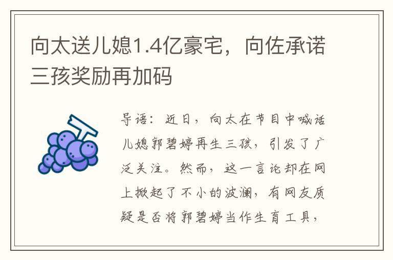 向太送儿媳1.4亿豪宅，向佐承诺三孩奖励再加码