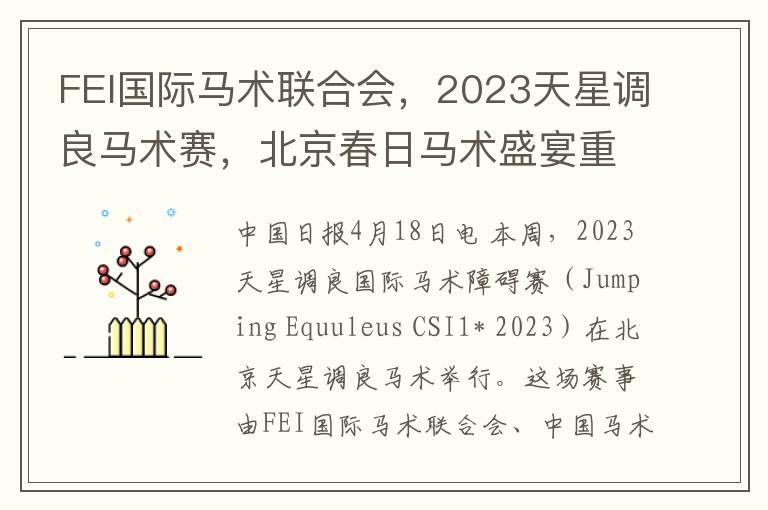 FEI国际马术联合会，2023天星调良马术赛，北京春日马术盛宴重启