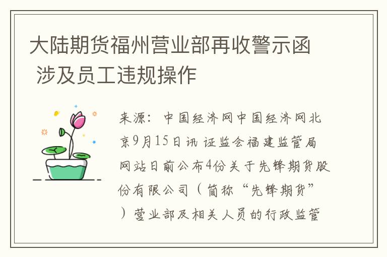 大陸期貨福州營業部再收警示函 涉及員工違槼操作