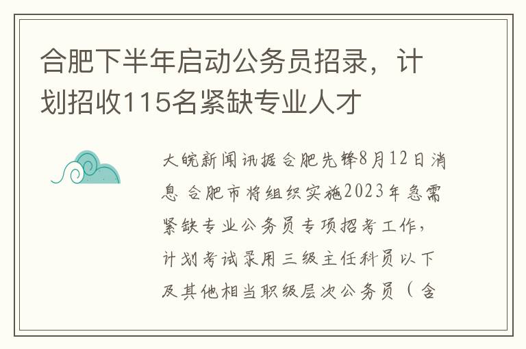 合肥下半年启动公务员招录，计划招收115名紧缺专业人才