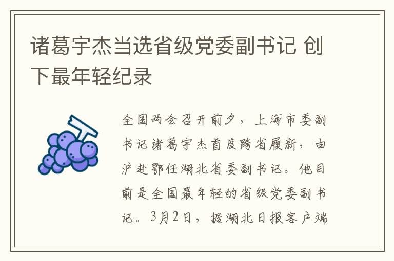 诸葛宇杰当选省级党委副书记 创下最年轻纪录