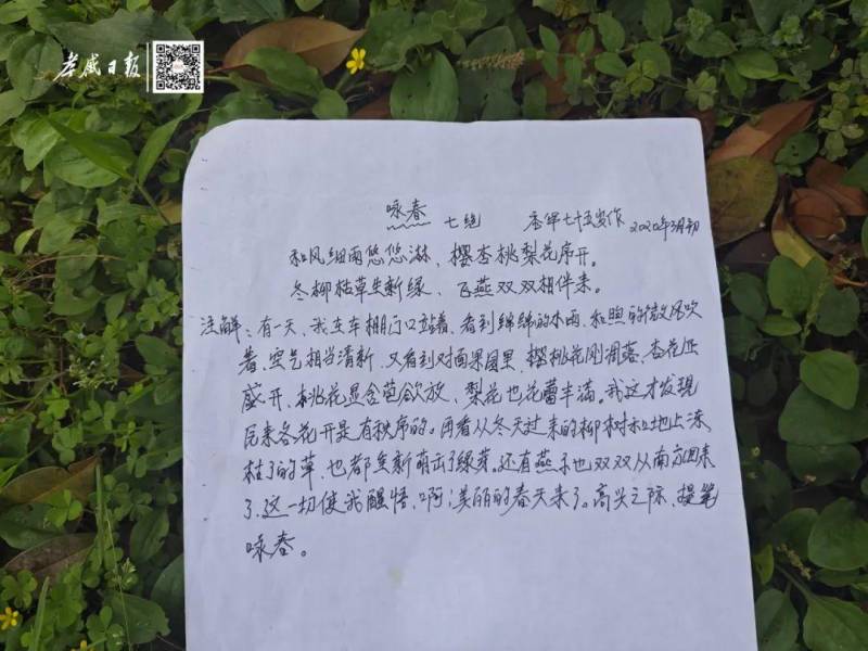 80岁孝感老人，在花园中创作诗歌