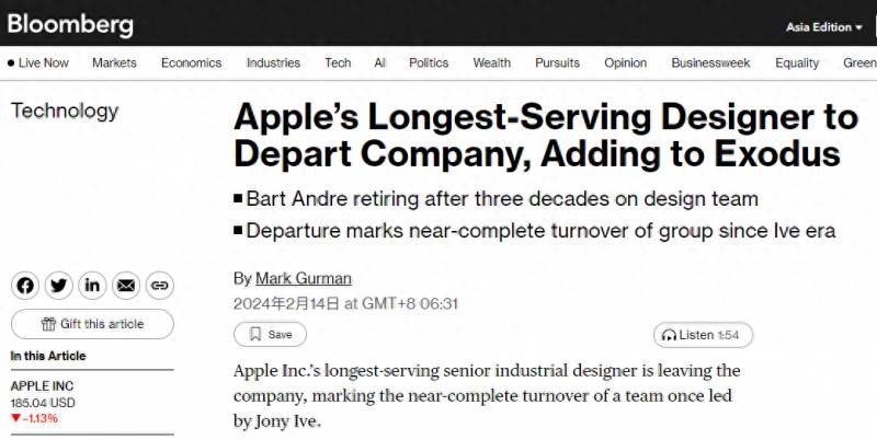 Jony Ive的老战友，苹果资深设计师Andre宣布退休