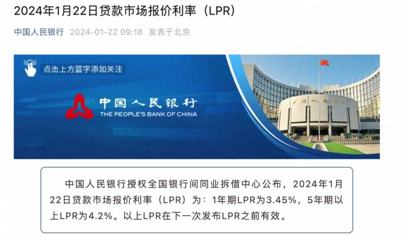 2024年1月22日贷款市场报价利率（LPR）最新动态